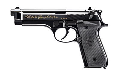 Beretta USA J92SB15 92SB Repro 50th Anniversary 9mm Luger 15+1 4.90" Blued Barrel, Polished Blued Engraved/Serrated Slide, Polished Anodized Aluminum Frame w/Beavertail, Black G10 Grip