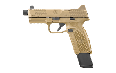 FN 66100373 509T  9mm Luger 17+1/24+1 4.50" Black Steel Threaded Barrel, Flat Dark Earth Optic Cut/Serrated Stainless Steel Slide, Flat Dark Earth Polymer Frame w/Picatinny Rail