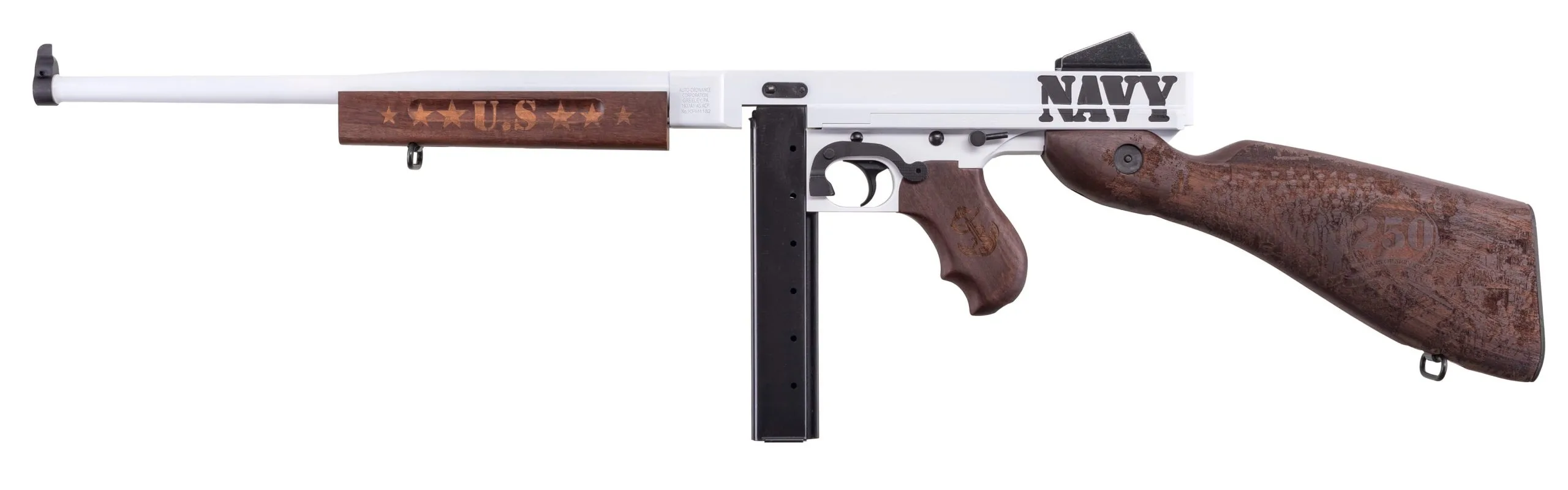 Thompson TM1C5 Navy 250th Anniversary 45 ACP 30+1 16.50" Arctic White & Savage Stainless Cerakote Arctic Steel Barrel & Receiver, Engraved Walnut Fixed Stock, Engraved Wood Grip