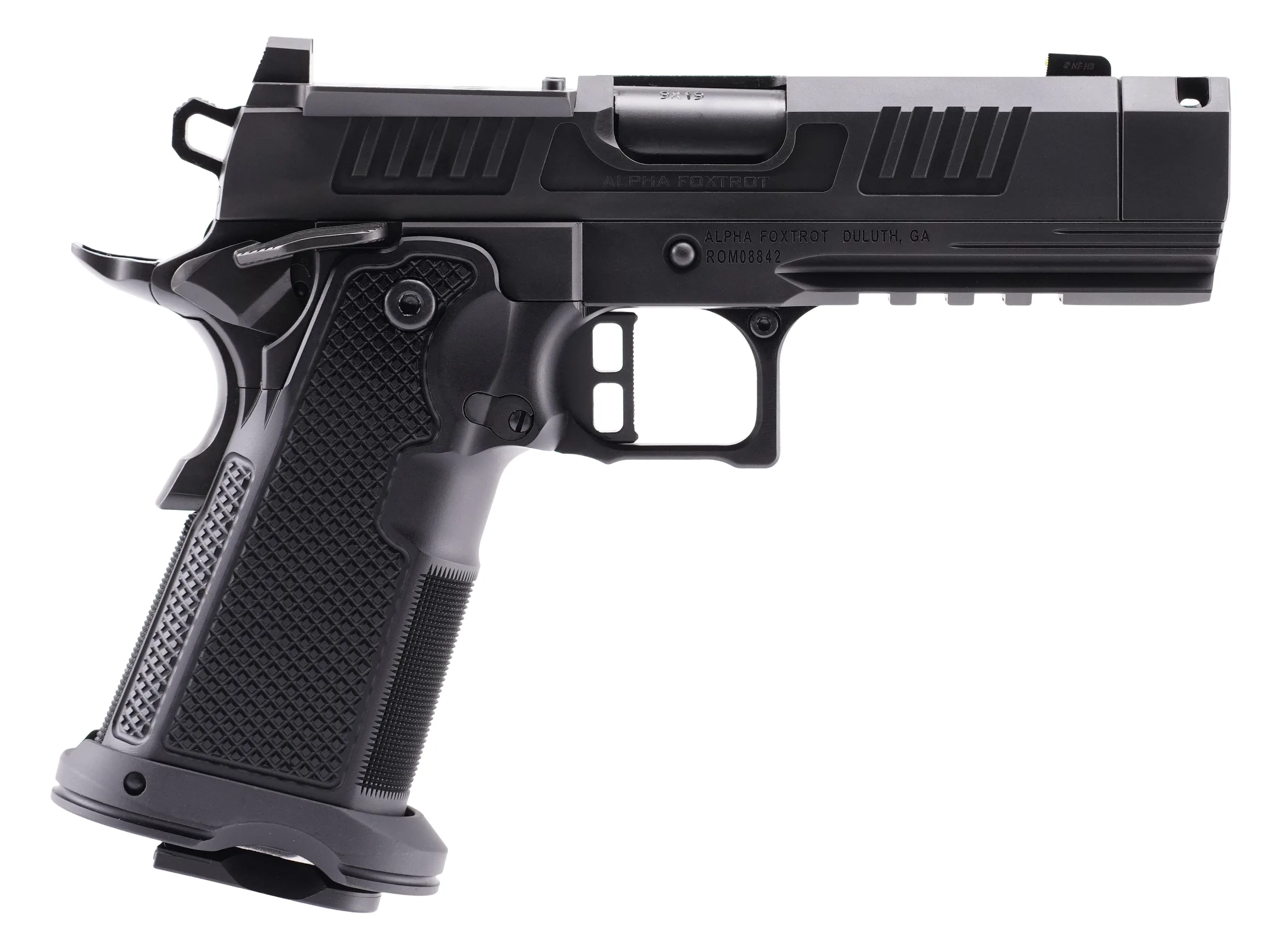 Alpha Foxtrot AA47X1QIG-XDBK19 AF1911 Romulus 9mm Luger 20+1 3.50" Black DLC Stainless Steel Threaded Compensated Barrel, Optic Ready/Serrated Slide & Frame w/Beavertail & Picatinny Rail, Aluminum Gri
